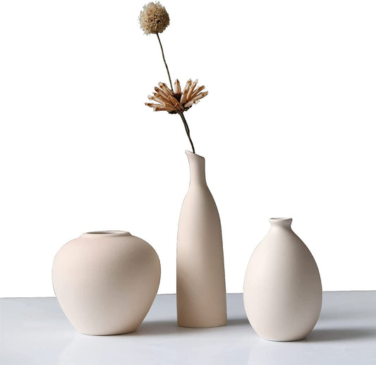 Ceramic Vase Set of 3, Flower Vase Minimalism Style for Rustic Home Decor, Modern Farmhouse Decor, Living Room Decor, Shelf Decor, Table Decor, Bookshelf, Mantel and Entryway Decor - Beige