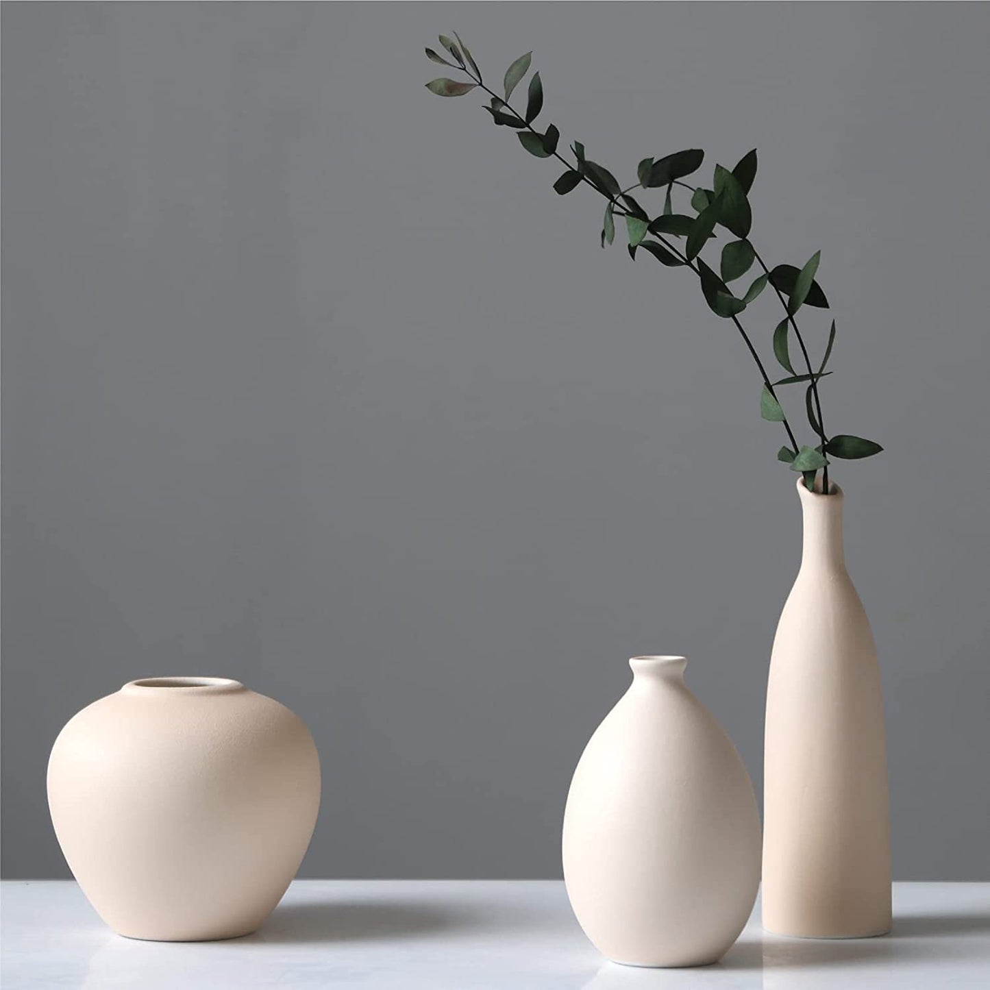 Ceramic Vase Set of 3, Flower Vase Minimalism Style for Rustic Home Decor, Modern Farmhouse Decor, Living Room Decor, Shelf Decor, Table Decor, Bookshelf, Mantel and Entryway Decor - Beige